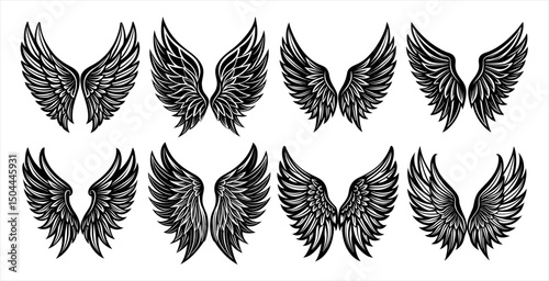 Celestial Angel Wings and Flying Bird Vector Set – Ornamental Feathered Wing Designs for Fantasy Art, Tattoo Concepts, and Elegant Decorative Projects.