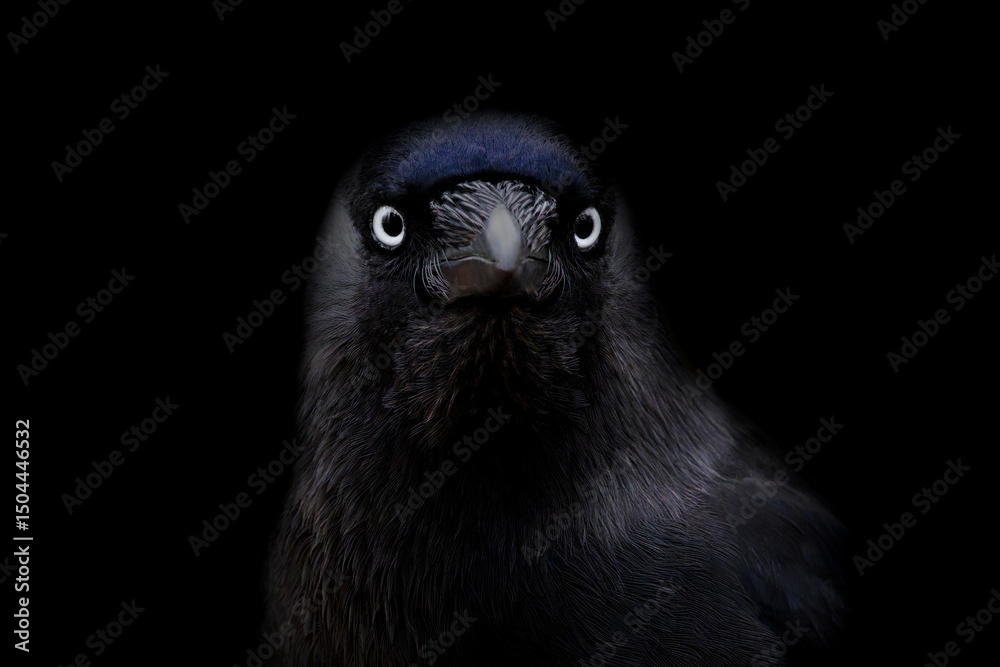 Fototapeta premium Portrait of a jackdaw on a black background