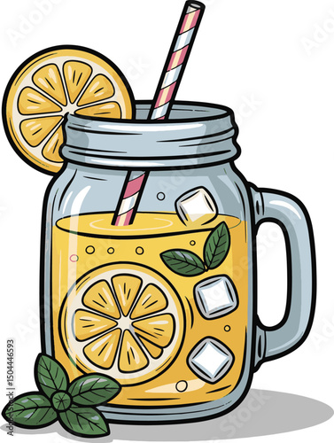 handle glass jar of yellow lemonade with straw ice and mint design stock photos