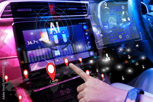 AI smart car dashboard with GPS navigation, digital interface, and futuristic autonomous vehicle technology