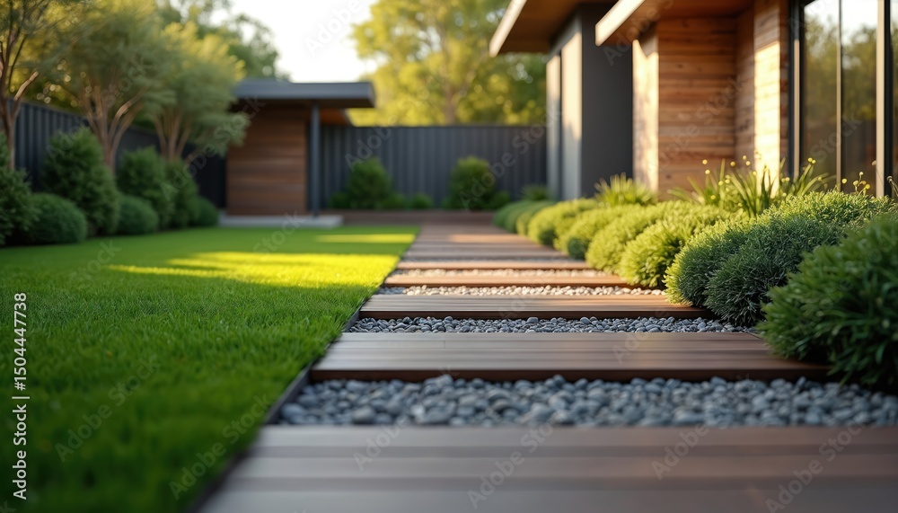 Fototapeta premium Modern Australian home with artificial grass lawn. Contemporary house with wooden path, pebbles, rich green plants, bushes, trees. Residential real estate design. Artificial turf, eco friendly. Home