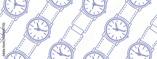 Seamless hand-drawn pattern of wristwatches with classic analog faces. Ideal for fashion, punctuality, or time-related themes. Minimalistic blue line art design for elegant backgrounds.