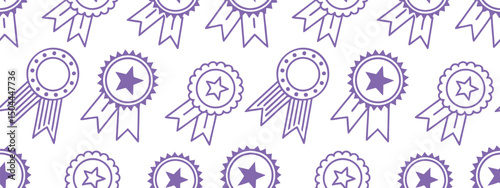 Seamless pattern of award ribbons and badges in purple outline on white background. Perfect for recognition, achievement, and celebration themes in design projects. 