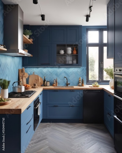 Wallpaper Mural Modern, cozy, blue kitchen with herringbone design Torontodigital.ca