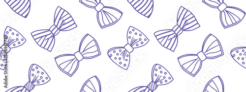 Hand-drawn seamless pattern of purple bow ties with stripes and polka dots on a white background. Ideal for fashion, textile, or celebration-themed designs. Great for wrapping paper, apparel, or party