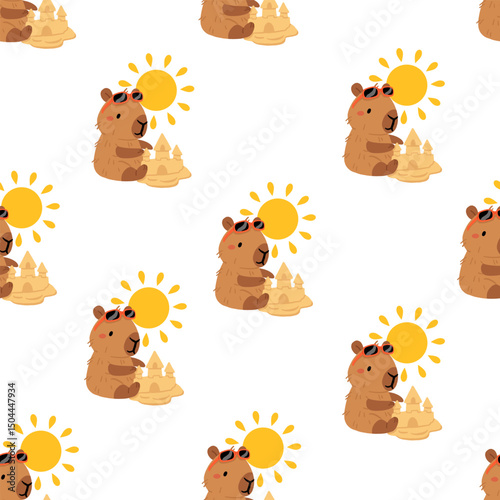 Seamless pattern with cute summer capybaras in various poses and items. Hand drawn cartoon flat style. Vacation seasonal template for design, kids collection