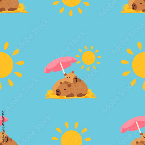 Seamless pattern with cute summer capybaras in various poses and items. Hand drawn cartoon flat style. Vacation seasonal template for design, kids collection