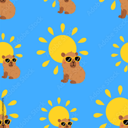 Seamless pattern with cute summer capybaras in various poses and items. Hand drawn cartoon flat style. Vacation seasonal template for design, kids collection