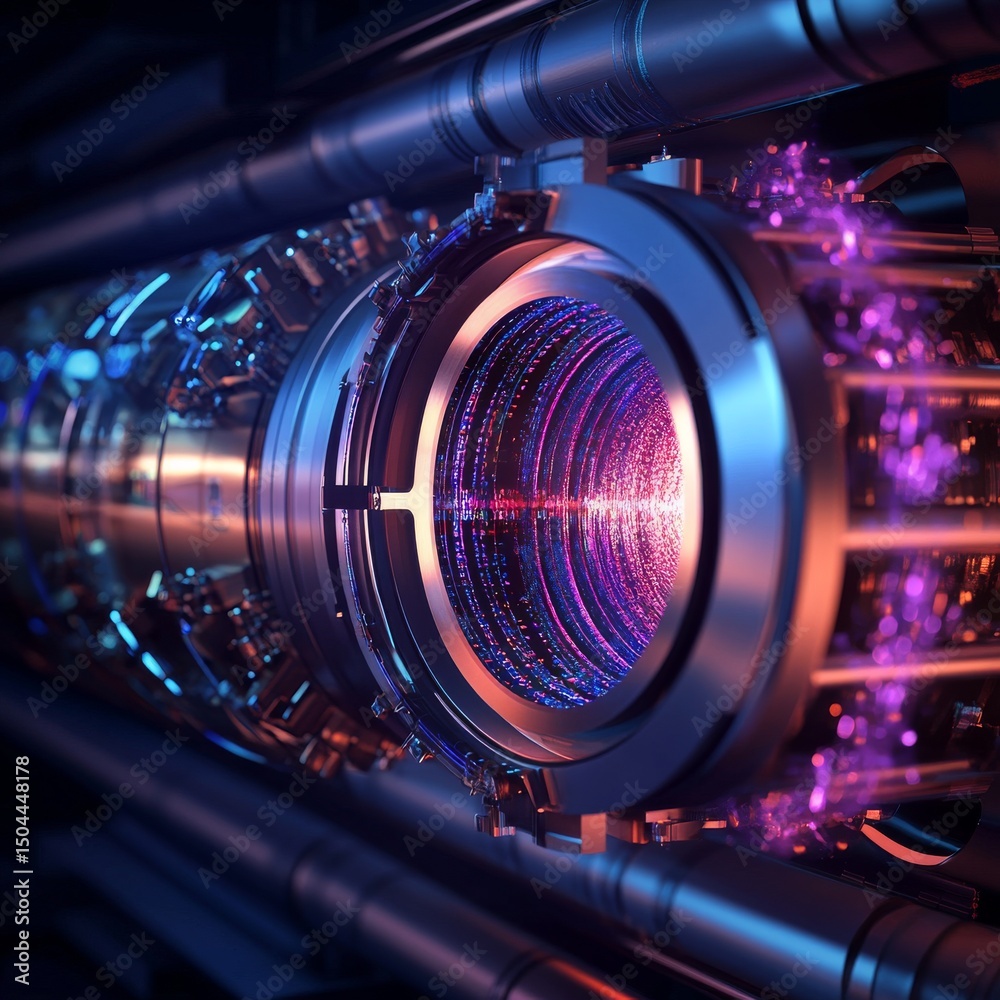 Fototapeta premium 3D atom accelerator particle collider. Science physics atomic power research concept design. Modern molecular micro lab matter analysis vector illustration symbol