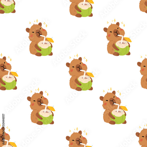 Seamless pattern with cute summer capybaras in various poses and items. Hand drawn cartoon flat style. Vacation seasonal template for design, kids collection