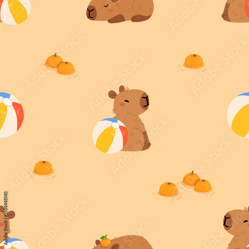 Seamless pattern with cute summer capybaras in various poses and items. Hand drawn cartoon flat style. Vacation seasonal template for design, kids collection