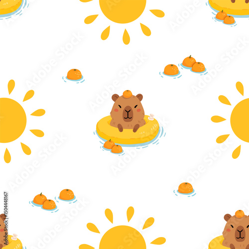 Seamless pattern with cute summer capybaras in various poses and items. Hand drawn cartoon flat style. Vacation seasonal template for design, kids collection