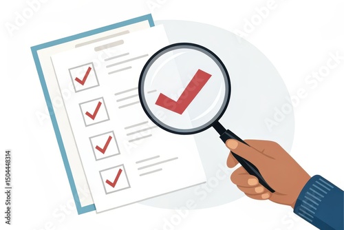 Hand Holding a Magnifying Glass Focusing on a Checked Document Illustration