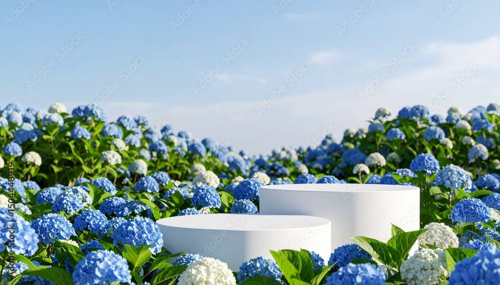 Fototapeta premium Natural beauty podium backdrop for product display with Hydrangea flower field. 
