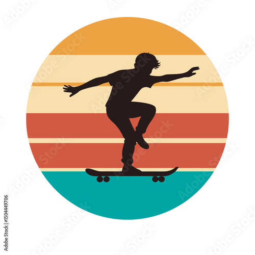 Skater Performing Trick Retro Sunset Silhouette