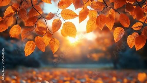 Autumn leaves sunset park scene.