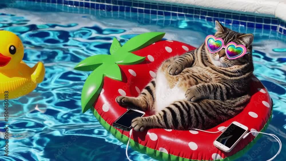 Funny cat wearing rainbow heart sunglasses lounging on a strawberry float in swimming pool with phones and rubber duck