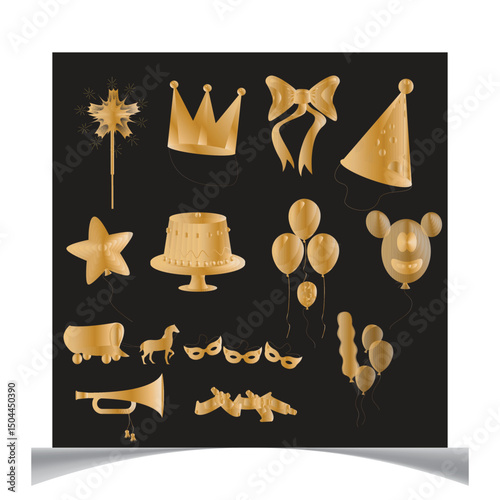 Luxurious golden party elements collection including balloons birthday cake masks and sparkler