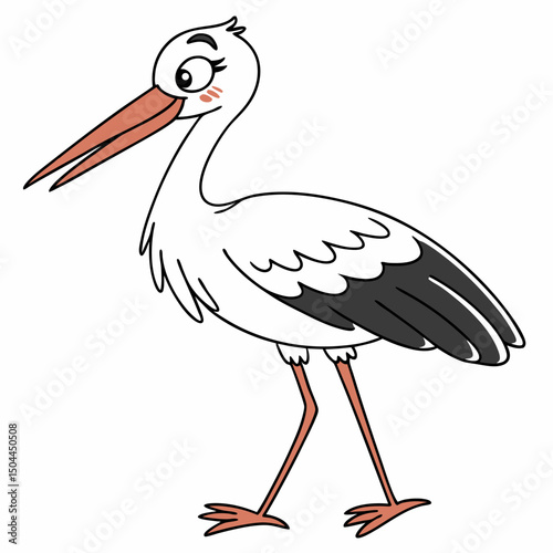 Cartoon cute stork carrying . Children's vector illustration. Isolated on white background. Side view.