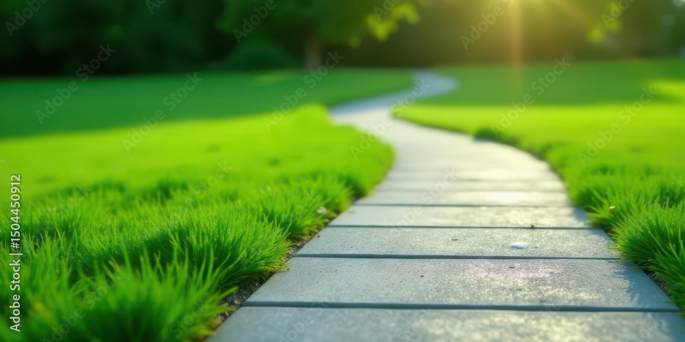 Obraz premium A Serene Pathway Winding Through Lush Green Grass Under the Warm Glow of Sunlight