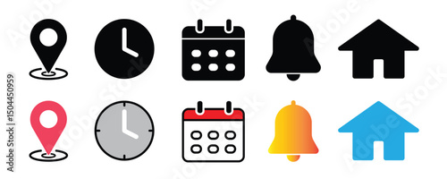 "Vector Web Icon Set – Clock, Calendar, Location Pin, Home, and Notification Bell Icons for Date, Time, and Address Interfaces"