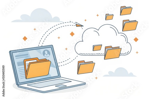 Digital File Transfer Concept with Laptop and Cloud Storage Illustration