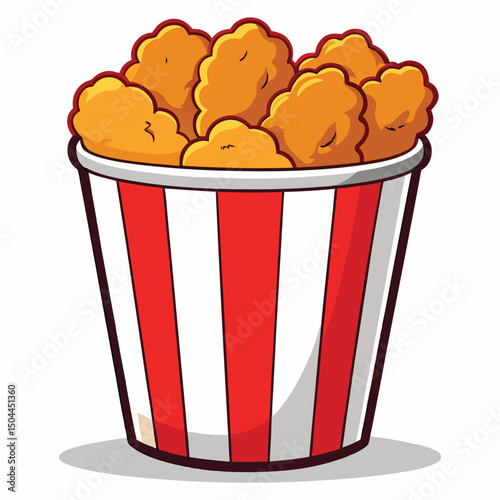 Delicious crispy chicken nuggets in red striped bucket cartoon illustration