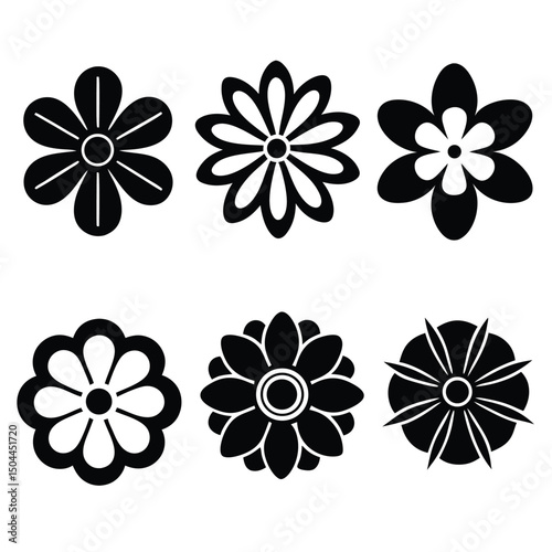 Six black and white flower icons simple floral designs