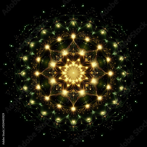 Radiant mandala design with golden lights on a dark background  