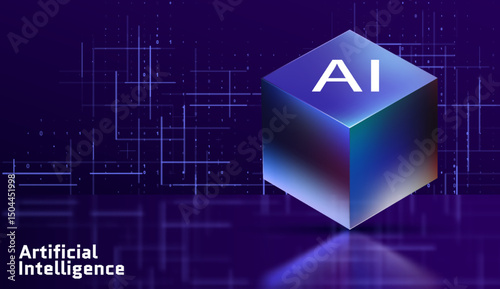 Artificial Intelligence 3D hi-tech cube Big Data machine learning server concept background light dots depth of field effect data sorting business server security HUD design element