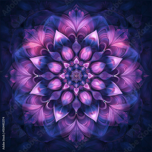 Intricate floral mandala pattern with purple and blue tones on dark background  