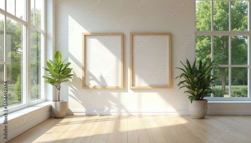 Bright airy interior with two empty frames on the wall surrounded by green plants near the window. Sunny light through the window, light wooden floor creates a relaxing mood for home decor. Bright airy interior with two empty frames on the wall surrounded by green plants near the window. Sunny light through the window, light wooden floor creates a relaxing mood for home decor.