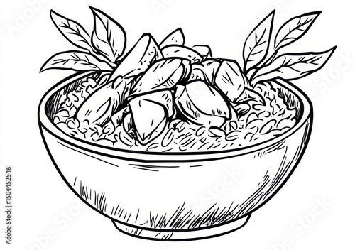 Zuppa in ciotola stilizzata, disegno a linea monocromatico