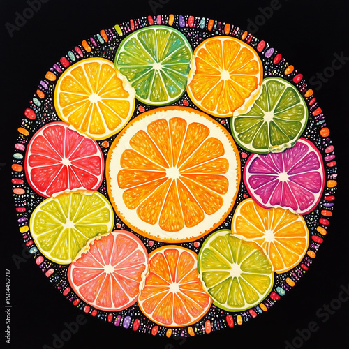 Vibrant citrus fruit slice mandala on black background  