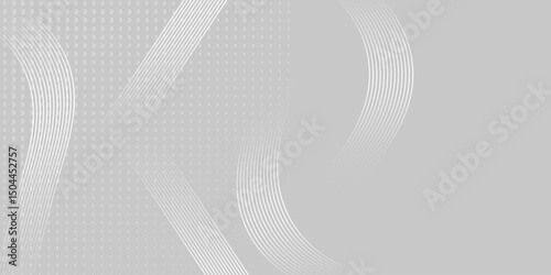 Abstract shiny white wave on white and grey background. Modern flowing wave design element. Technology science concept. Suit for presentation, banner, flyer, poster, brochure, website. 