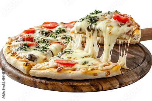Delicious homemade pizza with melted cheese tomatoes and mushrooms hot on transparent background