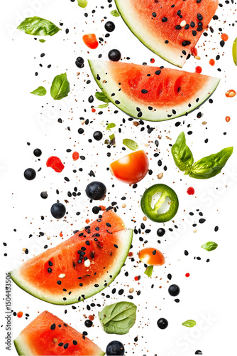 Refreshing summer watermelon slices with spicy chili and basil red food on transparent background