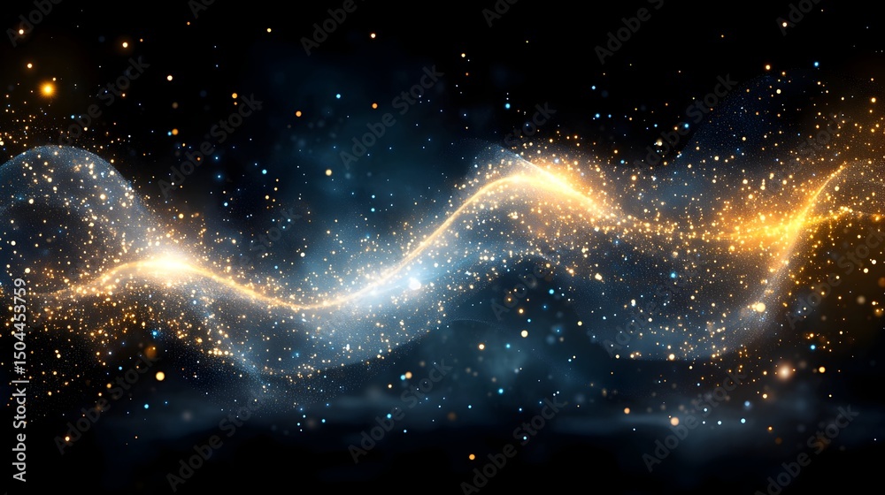 Fototapeta premium A shimmering, wave-like form of golden and blue light particles flows across a dark, star-dusted background.