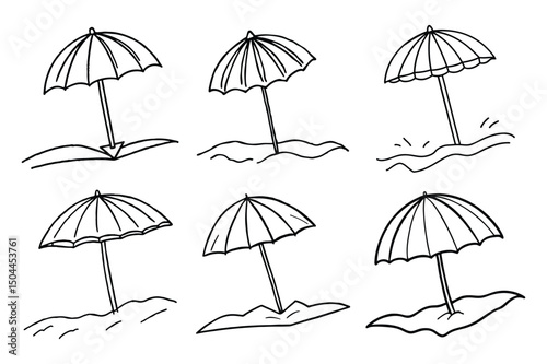 Set of hand drawn parasol on the beach line art vector illustration on white background.