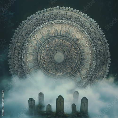 Large mandala design over foggy graveyard with tombstones at night  
