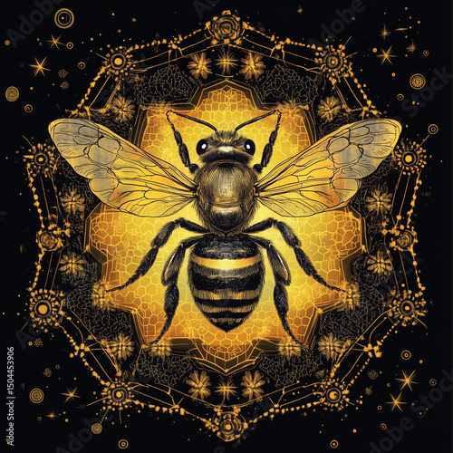 Honeybee illustration in hexagonal pattern with gold and black colors  