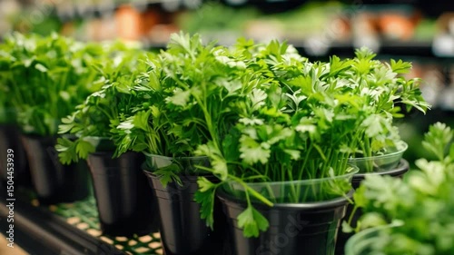 Fresh Green Herbs in Black Pots Displayed on Grocery Store Shelf with Bright Background  4k video footage