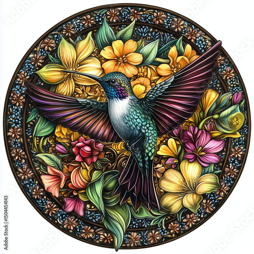 Hummingbird illustration with colorful flowers in a circular design  