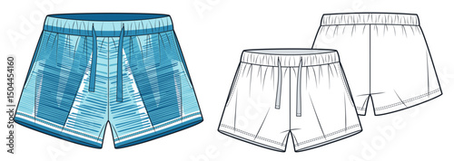 Athletic Shorts Technical Fashion Illustration. Short Pants fashion flat technical drawing template, drawstring waist, geometric print, front and back view, white, blue, women, men, unisex CAD mockup.