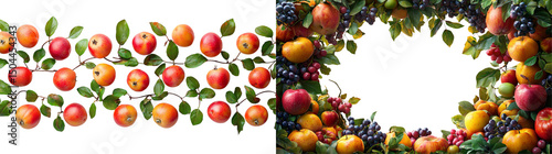 Vibrant Fruit Border with Apples, Grapes, Oranges, and Leaves in Fresh Nature Setting