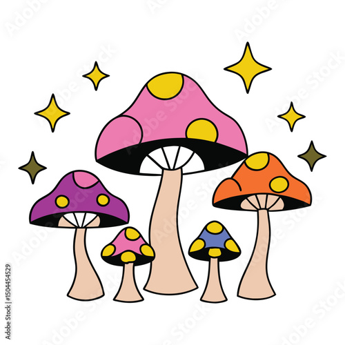 A vintage groovy mushrooms and flowers vector illustration on white background.