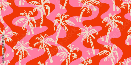 Tropical pattern with hand drawn palm trees and abstract with wave stripe. Hawaii summer background for fabric, textiles, clothing, cover, banner, wallpaper, interior decor. Vector illustration.