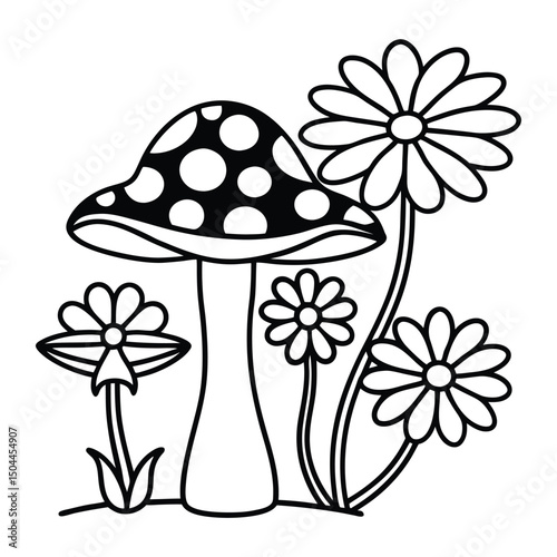A vintage groovy mushrooms and flowers line art vector illustration on white background.
