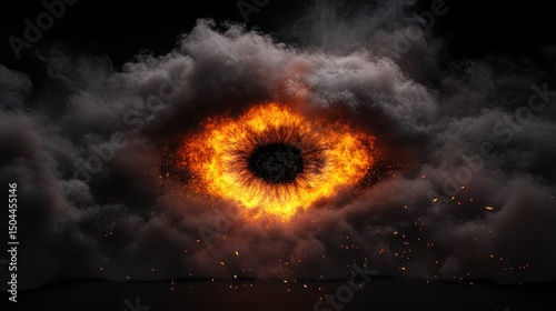 Fiery eye emerging from smoke and ash sparks mystical atmosphere