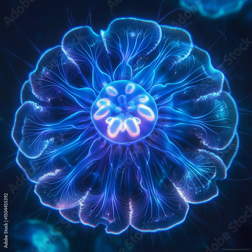 Glowing jellyfish with radial symmetry floating in dark water  